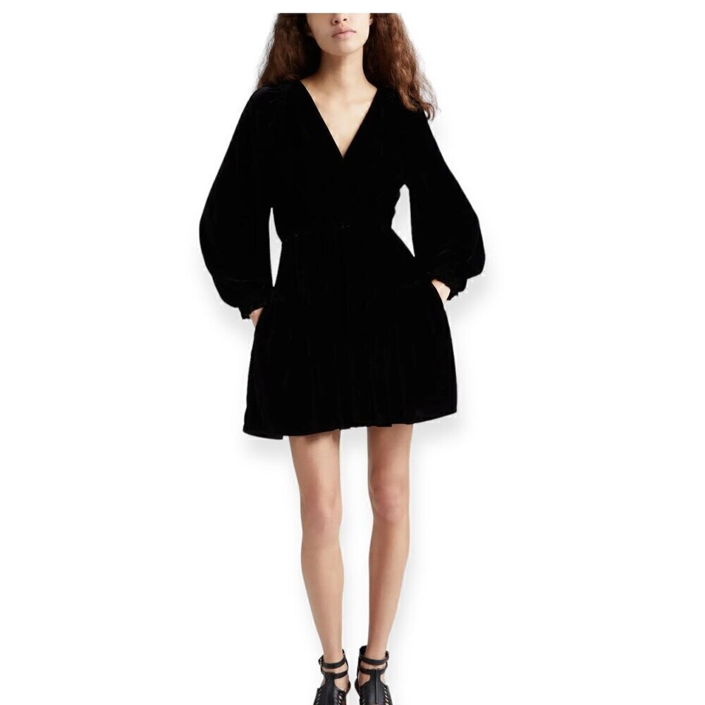 ULLA JOHNSON Audrey Tiered Puff-sleeve Velvet Mini Dress‎ In Noir, Size 6